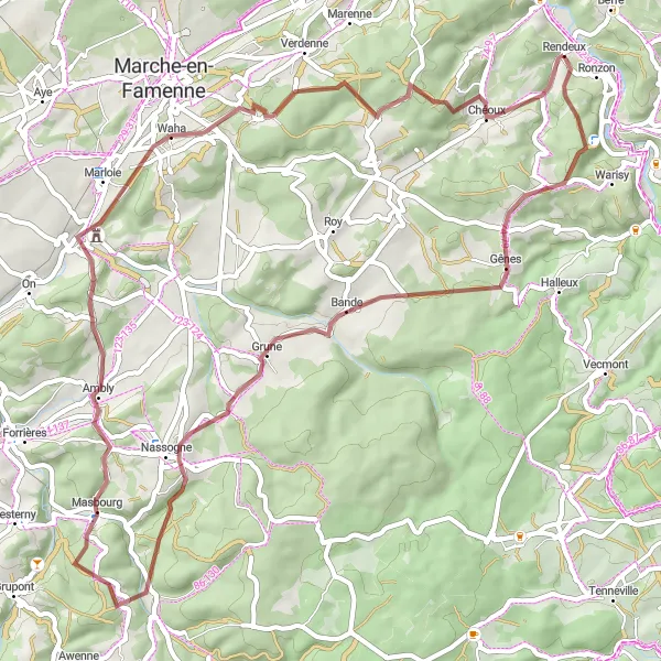 Karten-Miniaturansicht der Radinspiration "Gravel-Abenteuer durch die Ardennen" in Prov. Luxembourg (BE), Belgium. Erstellt vom Tarmacs.app-Routenplaner für Radtouren