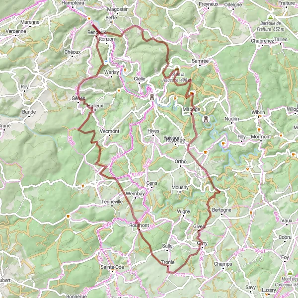 Karten-Miniaturansicht der Radinspiration "Gravelabenteuer Rendeux" in Prov. Luxembourg (BE), Belgium. Erstellt vom Tarmacs.app-Routenplaner für Radtouren