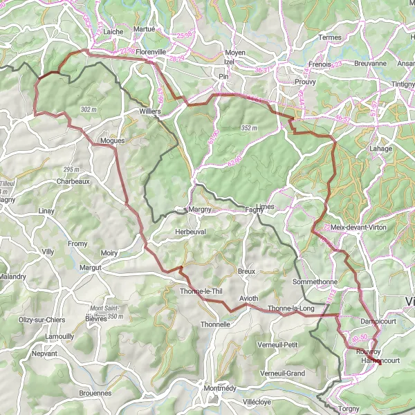 Map miniature of "Gravel Route through Rouvroy" cycling inspiration in Prov. Luxembourg (BE), Belgium. Generated by Tarmacs.app cycling route planner