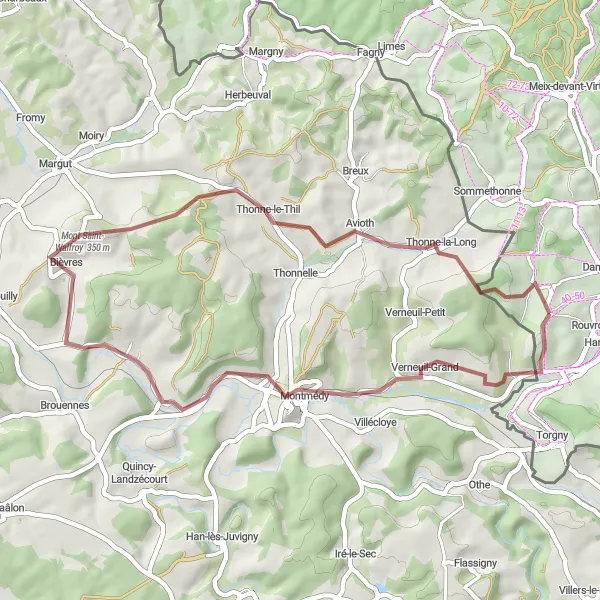 Map miniature of "Gravel Adventure near Rouvroy" cycling inspiration in Prov. Luxembourg (BE), Belgium. Generated by Tarmacs.app cycling route planner