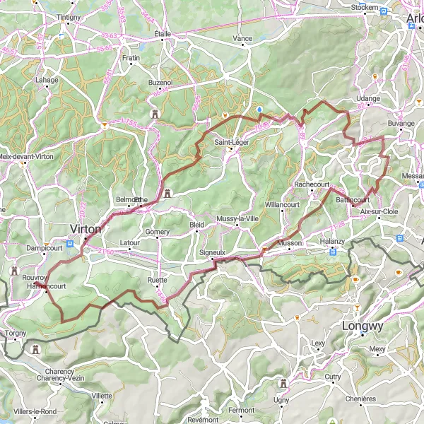 Miniatuurkaart van de fietsinspiratie "Rondrit Rouvroy - Châtillon - Bébange - Baranzy - Harnoncourt" in Prov. Luxembourg (BE), Belgium. Gemaakt door de Tarmacs.app fietsrouteplanner