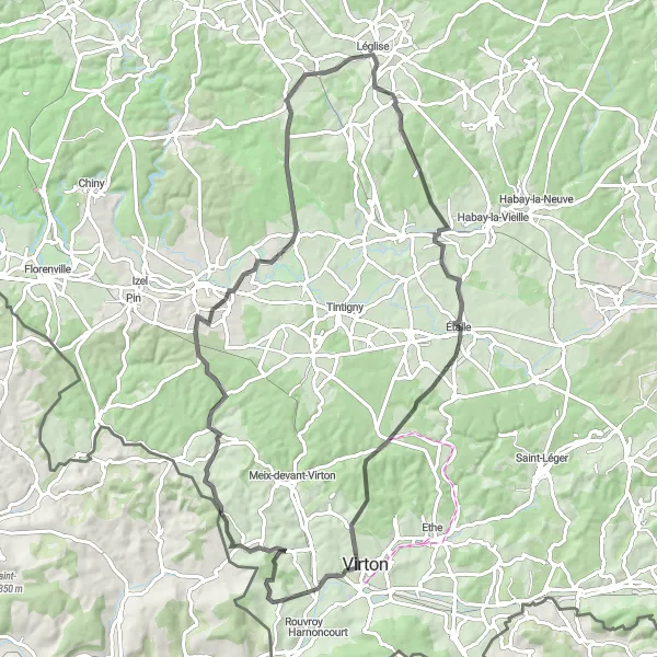 Map miniature of "Rouvroy Countryside Road Loop" cycling inspiration in Prov. Luxembourg (BE), Belgium. Generated by Tarmacs.app cycling route planner