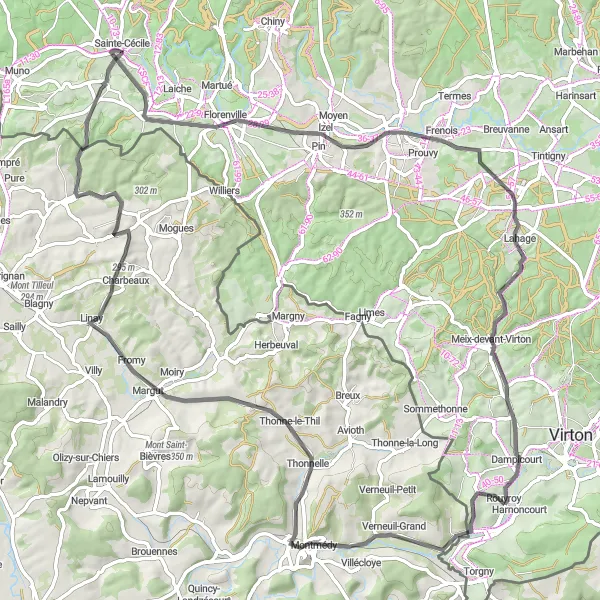 Map miniature of "Road Cycling Exploration of Rouvroy" cycling inspiration in Prov. Luxembourg (BE), Belgium. Generated by Tarmacs.app cycling route planner