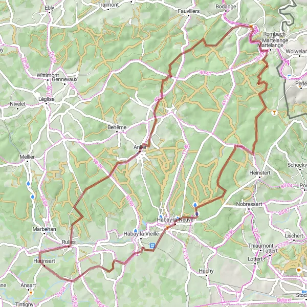 Map miniature of "Anlier - Radelange - Château du Pont d’Oye - Mortinsart" cycling inspiration in Prov. Luxembourg (BE), Belgium. Generated by Tarmacs.app cycling route planner