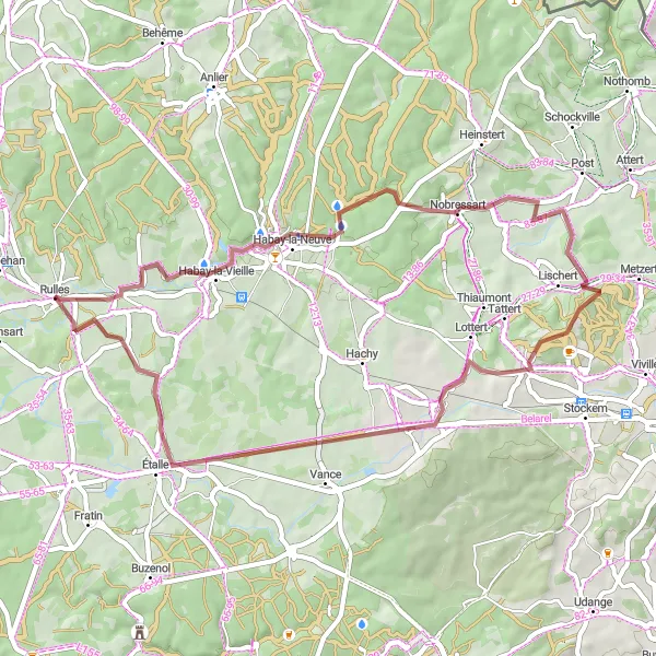 Map miniature of "Château de la Trapperie - Louchert - Heinsch - Rulles" cycling inspiration in Prov. Luxembourg (BE), Belgium. Generated by Tarmacs.app cycling route planner