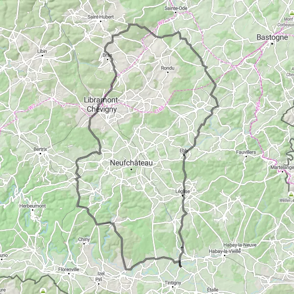 Map miniature of "Suxy - Grandvoir - Thier du Mont - Vesqueville - Gérimont - Morhet-Station - Léglise - Marbehan" cycling inspiration in Prov. Luxembourg (BE), Belgium. Generated by Tarmacs.app cycling route planner