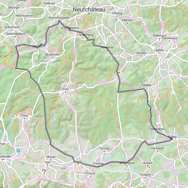 Karten-Miniaturansicht der Radinspiration "Rundfahrt Rulles - Marbehan" in Prov. Luxembourg (BE), Belgium. Erstellt vom Tarmacs.app-Routenplaner für Radtouren