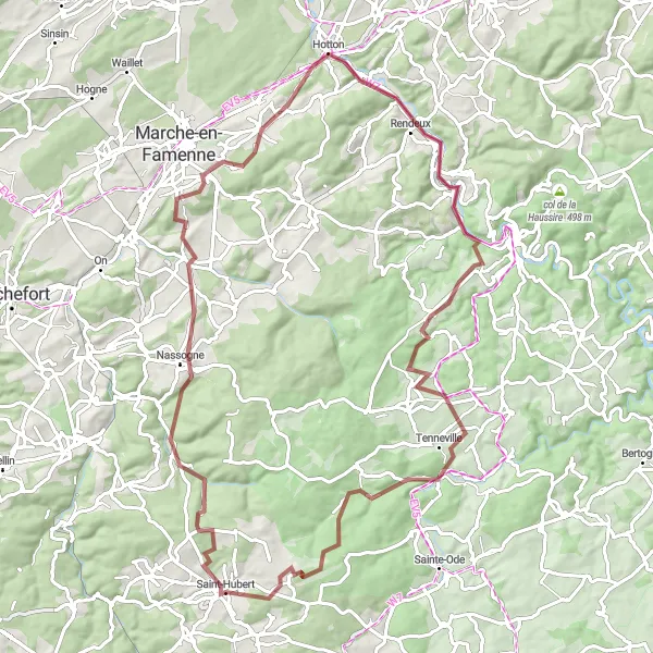 Map miniature of "The Nassogne Escape" cycling inspiration in Prov. Luxembourg (BE), Belgium. Generated by Tarmacs.app cycling route planner