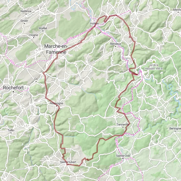 Map miniature of "The Gravel Grind through Nassogne" cycling inspiration in Prov. Luxembourg (BE), Belgium. Generated by Tarmacs.app cycling route planner