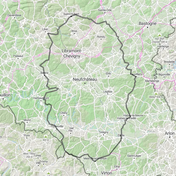 Map miniature of "Epic Mountain Challenge: Saint-Hubert to Florenville" cycling inspiration in Prov. Luxembourg (BE), Belgium. Generated by Tarmacs.app cycling route planner