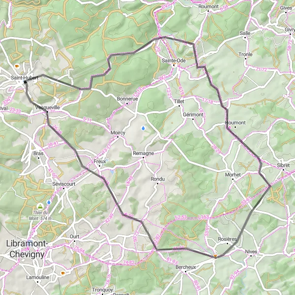 Map miniature of "Road Cycling Adventure around Saint-Hubert" cycling inspiration in Prov. Luxembourg (BE), Belgium. Generated by Tarmacs.app cycling route planner