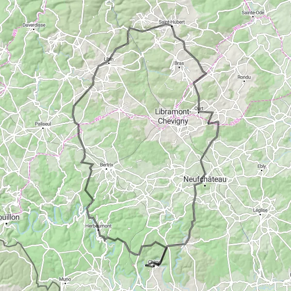 Map miniature of "The Ardennes Challenge" cycling inspiration in Prov. Luxembourg (BE), Belgium. Generated by Tarmacs.app cycling route planner