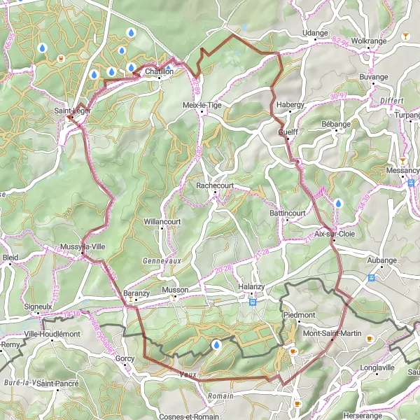 Map miniature of "Châtillon and Habergy Gravel Adventure" cycling inspiration in Prov. Luxembourg (BE), Belgium. Generated by Tarmacs.app cycling route planner