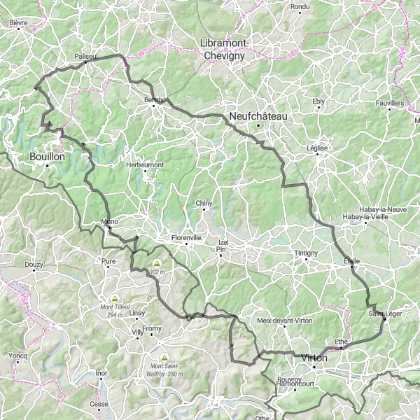 Karten-Miniaturansicht der Radinspiration "Runde von Saint-Léger über Virton und Bertrix" in Prov. Luxembourg (BE), Belgium. Erstellt vom Tarmacs.app-Routenplaner für Radtouren