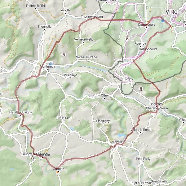 Miniatuurkaart van de fietsinspiratie "Gravelroute naar Dampicourt" in Prov. Luxembourg (BE), Belgium. Gemaakt door de Tarmacs.app fietsrouteplanner