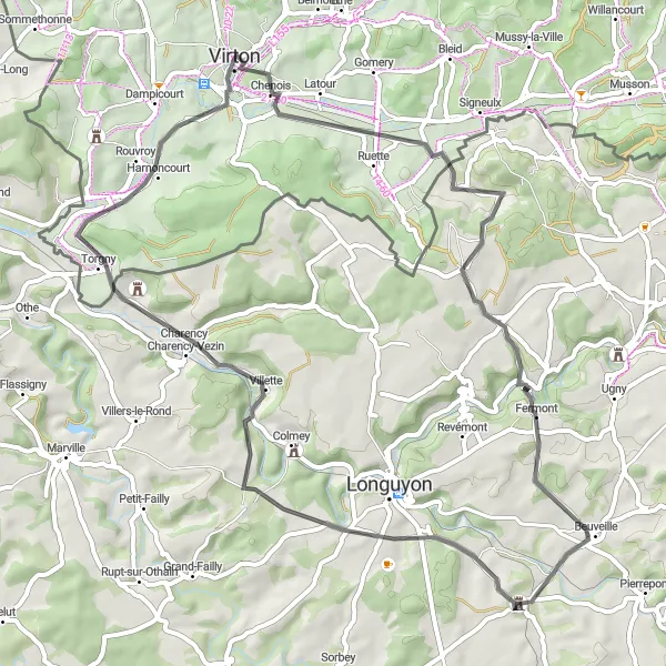 Map miniature of "Trace the Tracks of Saint-Pancré" cycling inspiration in Prov. Luxembourg (BE), Belgium. Generated by Tarmacs.app cycling route planner