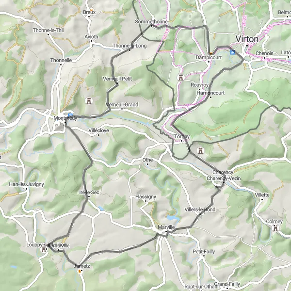 Map miniature of "Saint-Mard - Charency-Vezin Loop" cycling inspiration in Prov. Luxembourg (BE), Belgium. Generated by Tarmacs.app cycling route planner