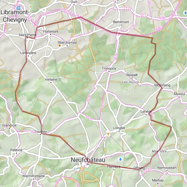 Map miniature of "The Neufchâteau Gravel Route" cycling inspiration in Prov. Luxembourg (BE), Belgium. Generated by Tarmacs.app cycling route planner