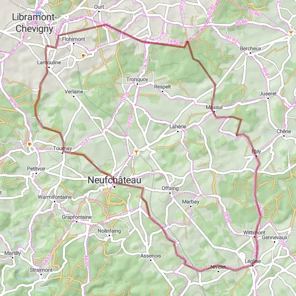 Karten-Miniaturansicht der Radinspiration "Abenteuerlicher Gravel-Ride von Saint-Pierre nach Lamouline" in Prov. Luxembourg (BE), Belgium. Erstellt vom Tarmacs.app-Routenplaner für Radtouren