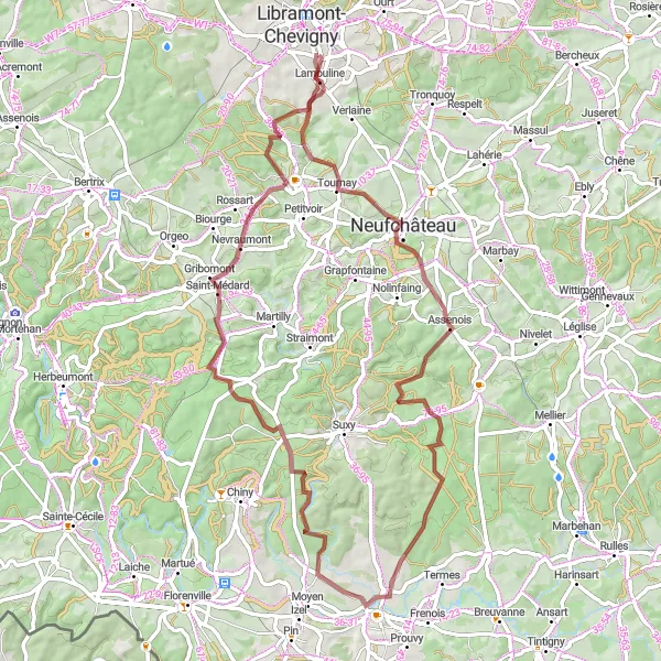 Map miniature of "Neufchâteau- Assenois- Les Bulles- Nevraumont- Lamouline Gravel Route" cycling inspiration in Prov. Luxembourg (BE), Belgium. Generated by Tarmacs.app cycling route planner