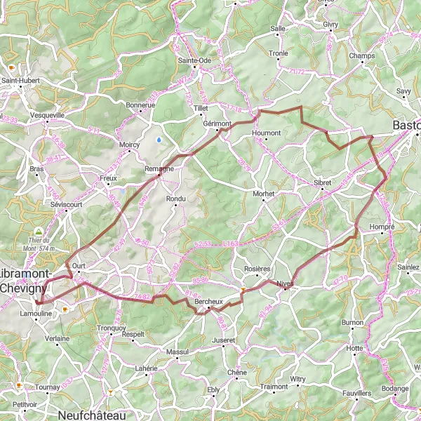 Karten-Miniaturansicht der Radinspiration "Gravel-Abenteuer durch Remagne und Vaux-sur-Sûre" in Prov. Luxembourg (BE), Belgium. Erstellt vom Tarmacs.app-Routenplaner für Radtouren