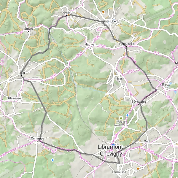 Map miniature of "Ochamps- Poix-Saint-Hubert- Vesqueville- Séviscourt- Libramont-Chevigny Road Route" cycling inspiration in Prov. Luxembourg (BE), Belgium. Generated by Tarmacs.app cycling route planner