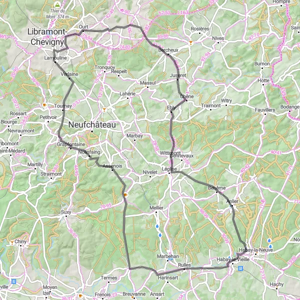 Map miniature of "The Ourt Circuit" cycling inspiration in Prov. Luxembourg (BE), Belgium. Generated by Tarmacs.app cycling route planner