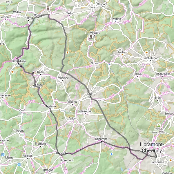 Miniature de la carte de l'inspiration cycliste "Tour de la Vallée de la Lesse" dans la Prov. Luxembourg (BE), Belgium. Générée par le planificateur d'itinéraire cycliste Tarmacs.app