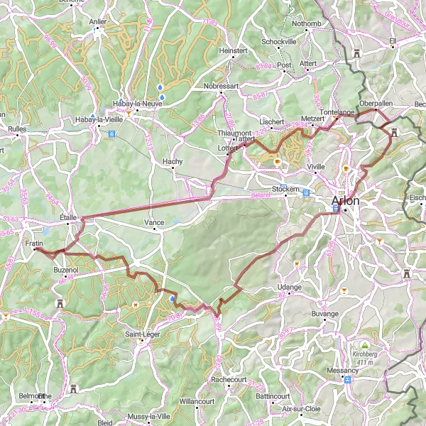 Map miniature of "Diverse Gravel escape" cycling inspiration in Prov. Luxembourg (BE), Belgium. Generated by Tarmacs.app cycling route planner
