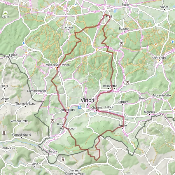 Miniatuurkaart van de fietsinspiratie "Gravelroute naar Fratin" in Prov. Luxembourg (BE), Belgium. Gemaakt door de Tarmacs.app fietsrouteplanner