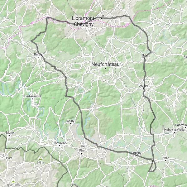 Map miniature of "Mountains and Valleys Road Loop" cycling inspiration in Prov. Luxembourg (BE), Belgium. Generated by Tarmacs.app cycling route planner