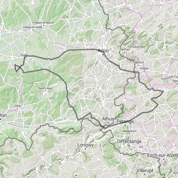 Map miniature of "Borderland Road Escape" cycling inspiration in Prov. Luxembourg (BE), Belgium. Generated by Tarmacs.app cycling route planner