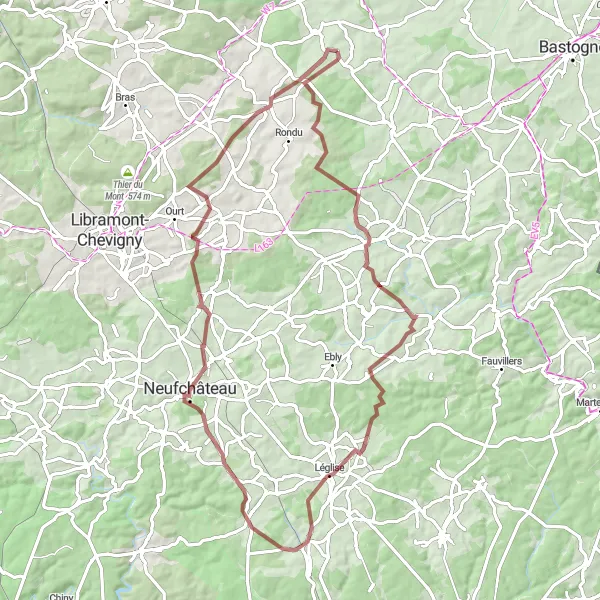 Map miniature of "Gravel Adventure" cycling inspiration in Prov. Luxembourg (BE), Belgium. Generated by Tarmacs.app cycling route planner