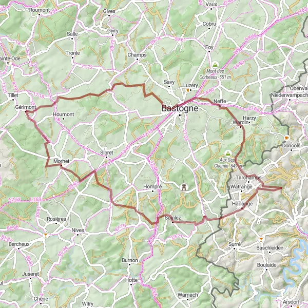 Map miniature of "Discover off-road gems on this gravel cycling route" cycling inspiration in Prov. Luxembourg (BE), Belgium. Generated by Tarmacs.app cycling route planner