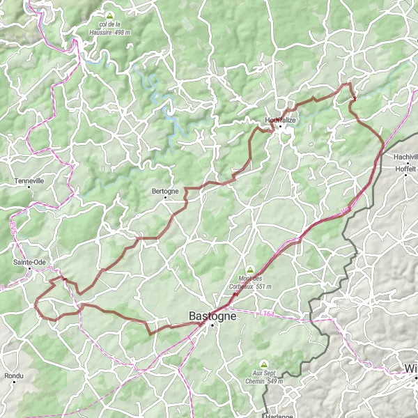 Miniature de la carte de l'inspiration cycliste "Circuit des Collines Ardennaises" dans la Prov. Luxembourg (BE), Belgium. Générée par le planificateur d'itinéraire cycliste Tarmacs.app