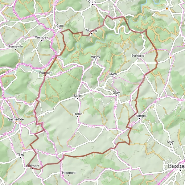 Karten-Miniaturansicht der Radinspiration "Gravel-Abenteuer in Sainte-Ode" in Prov. Luxembourg (BE), Belgium. Erstellt vom Tarmacs.app-Routenplaner für Radtouren