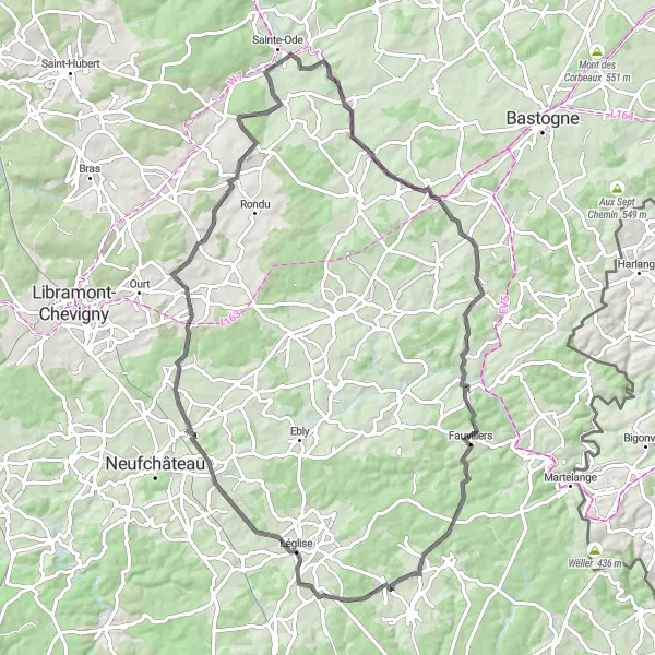 Miniature de la carte de l'inspiration cycliste "Boucle des Vallées Verdoyantes" dans la Prov. Luxembourg (BE), Belgium. Générée par le planificateur d'itinéraire cycliste Tarmacs.app