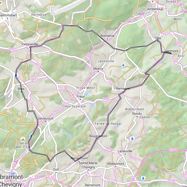 Miniatuurkaart van de fietsinspiratie "Wegavontuur naar Vesqueville en Gérimont" in Prov. Luxembourg (BE), Belgium. Gemaakt door de Tarmacs.app fietsrouteplanner