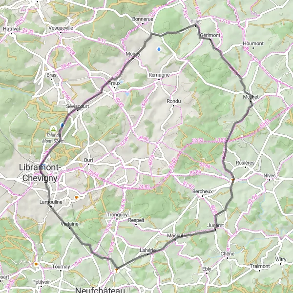 Miniatuurkaart van de fietsinspiratie "Wegrit van Sainte-Ode naar Gérimont" in Prov. Luxembourg (BE), Belgium. Gemaakt door de Tarmacs.app fietsrouteplanner