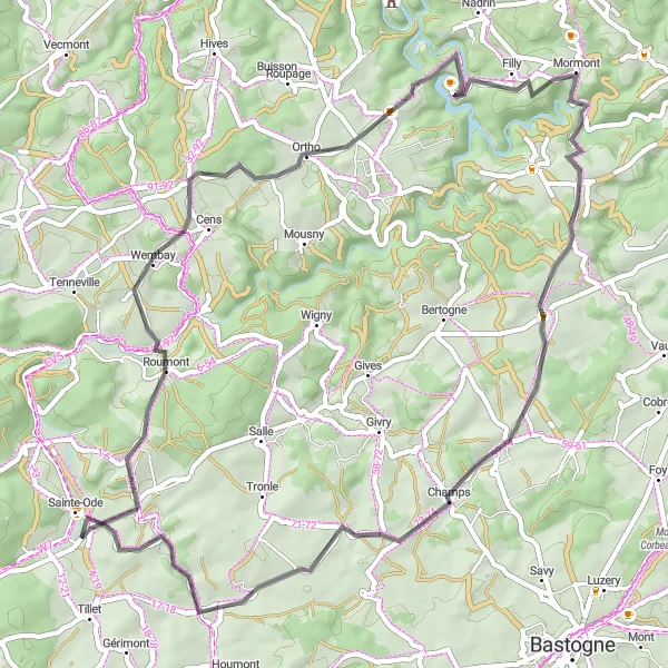 Karten-Miniaturansicht der Radinspiration "Hügeliges Abenteuer in Sainte-Ode" in Prov. Luxembourg (BE), Belgium. Erstellt vom Tarmacs.app-Routenplaner für Radtouren