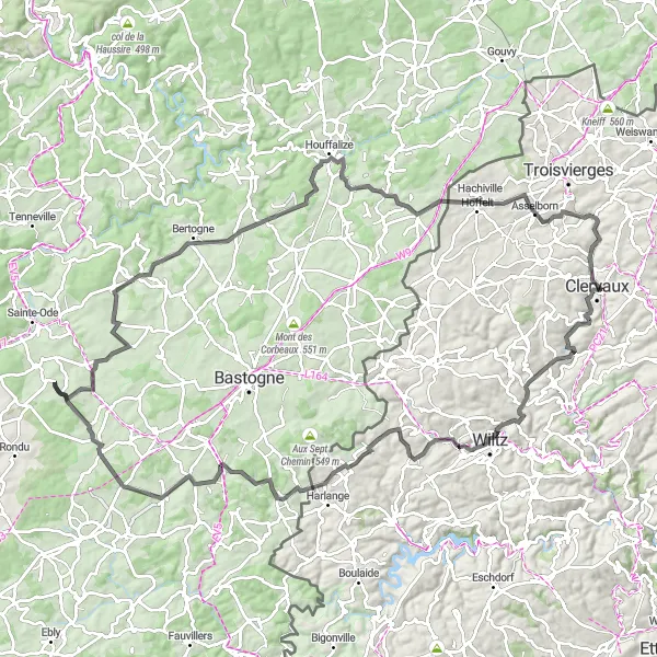 Miniatuurkaart van de fietsinspiratie "Uitdagende route van Sainte-Ode naar Morhet-Station" in Prov. Luxembourg (BE), Belgium. Gemaakt door de Tarmacs.app fietsrouteplanner