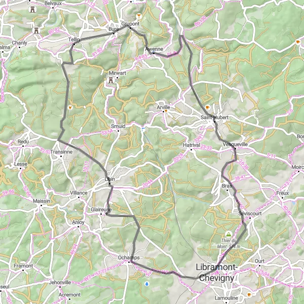 Miniatuurkaart van de fietsinspiratie "Route vanuit Tellin naar Libin en terug" in Prov. Luxembourg (BE), Belgium. Gemaakt door de Tarmacs.app fietsrouteplanner