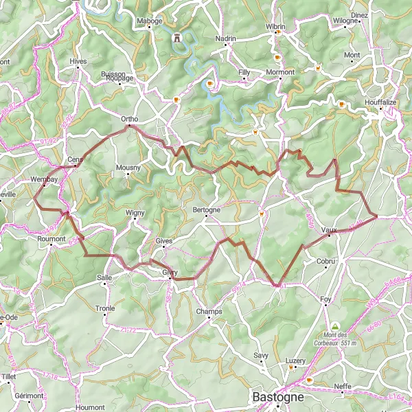 Miniatuurkaart van de fietsinspiratie "Gravelroute door Wicourt en Givroulle" in Prov. Luxembourg (BE), Belgium. Gemaakt door de Tarmacs.app fietsrouteplanner