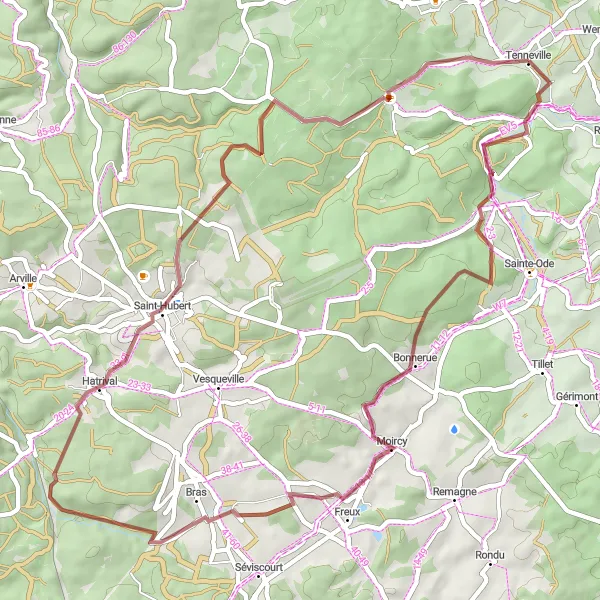 Karten-Miniaturansicht der Radinspiration "Gravel Tour durch die Natur" in Prov. Luxembourg (BE), Belgium. Erstellt vom Tarmacs.app-Routenplaner für Radtouren