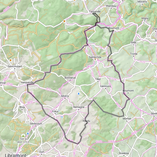 Miniature de la carte de l'inspiration cycliste "Boucles routières autour de Tenneville" dans la Prov. Luxembourg (BE), Belgium. Générée par le planificateur d'itinéraire cycliste Tarmacs.app