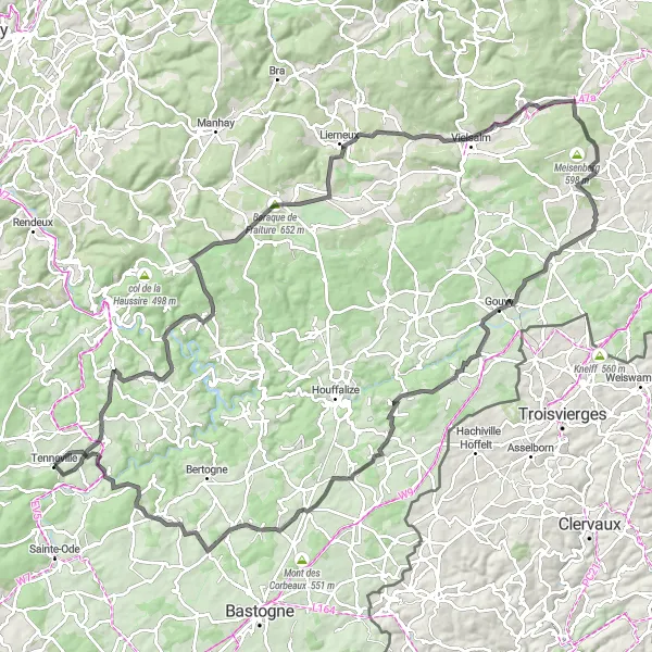 Map miniature of "Legendary Ardennes Road Cycling" cycling inspiration in Prov. Luxembourg (BE), Belgium. Generated by Tarmacs.app cycling route planner