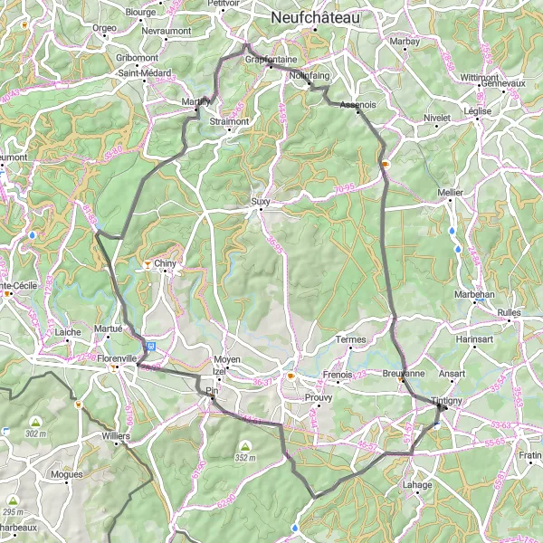 Karten-Miniaturansicht der Radinspiration "Kurze Radtour von Tintigny nach Lacuisine" in Prov. Luxembourg (BE), Belgium. Erstellt vom Tarmacs.app-Routenplaner für Radtouren