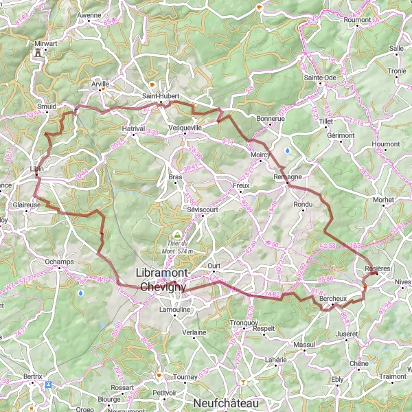 Map miniature of "Gravel Gem: Libramont-Chevigny Exploration" cycling inspiration in Prov. Luxembourg (BE), Belgium. Generated by Tarmacs.app cycling route planner