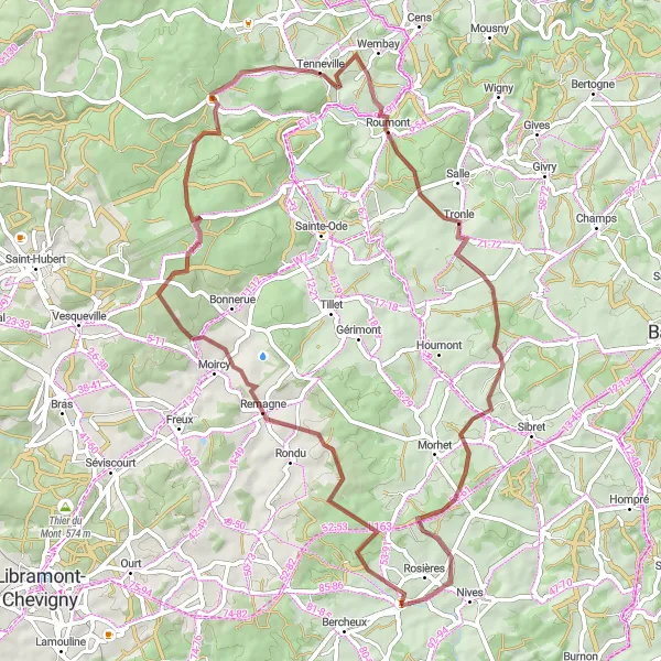 Map miniature of "Charming Gravel Ride: Laneuville-au-Bois Loop" cycling inspiration in Prov. Luxembourg (BE), Belgium. Generated by Tarmacs.app cycling route planner
