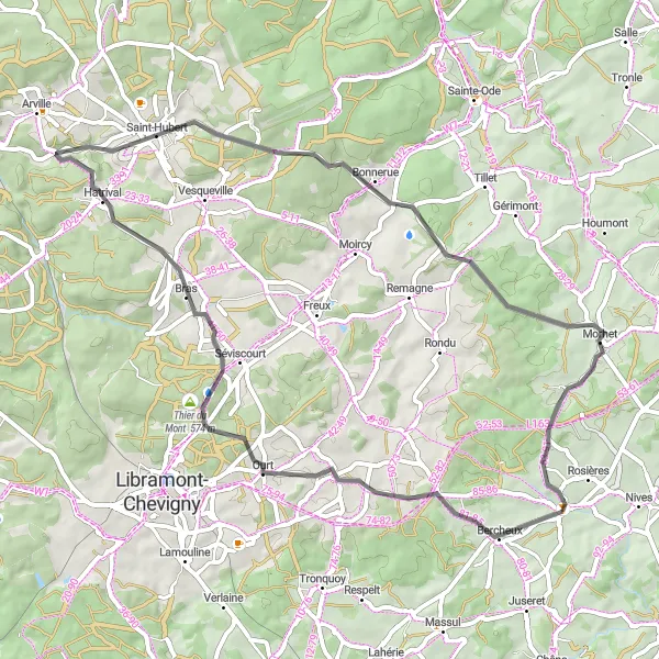 Map miniature of "Road Cycling Delight near Vaux-sur-Sûre" cycling inspiration in Prov. Luxembourg (BE), Belgium. Generated by Tarmacs.app cycling route planner